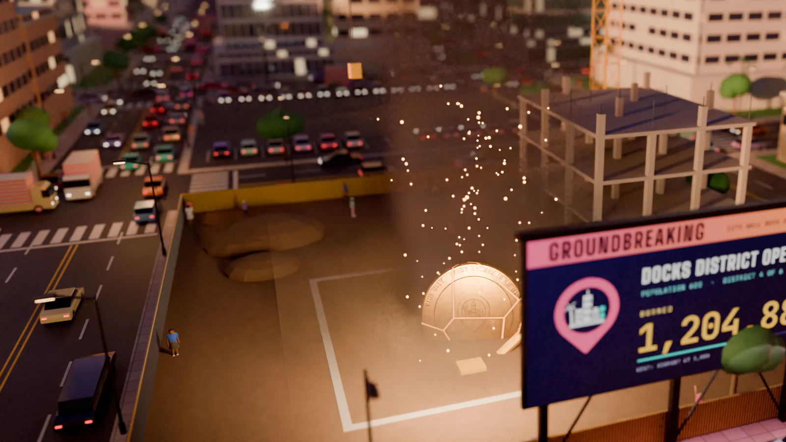 A groundbreaking at dusk: a construction site, a crane and a billboard counting tokens burned