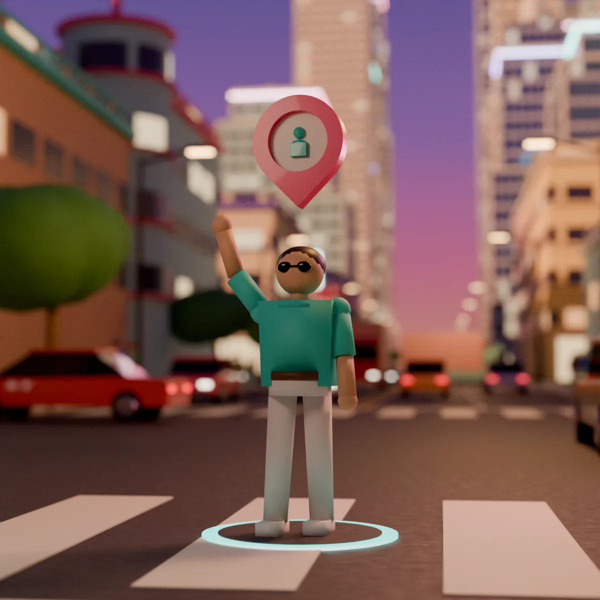 An example NPC waving on a crosswalk at dusk
